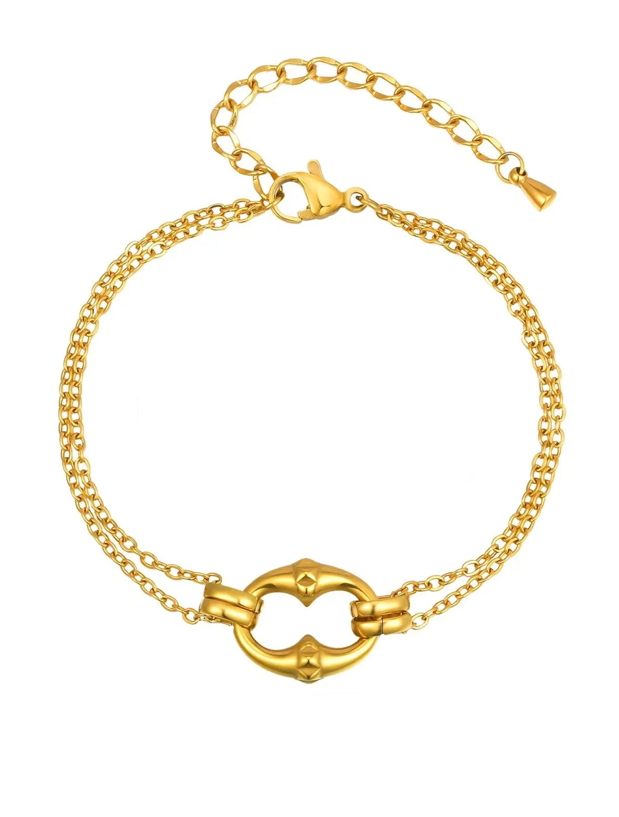 Gold bracelet with adjustable chain, length, weight, and material information on a white background.