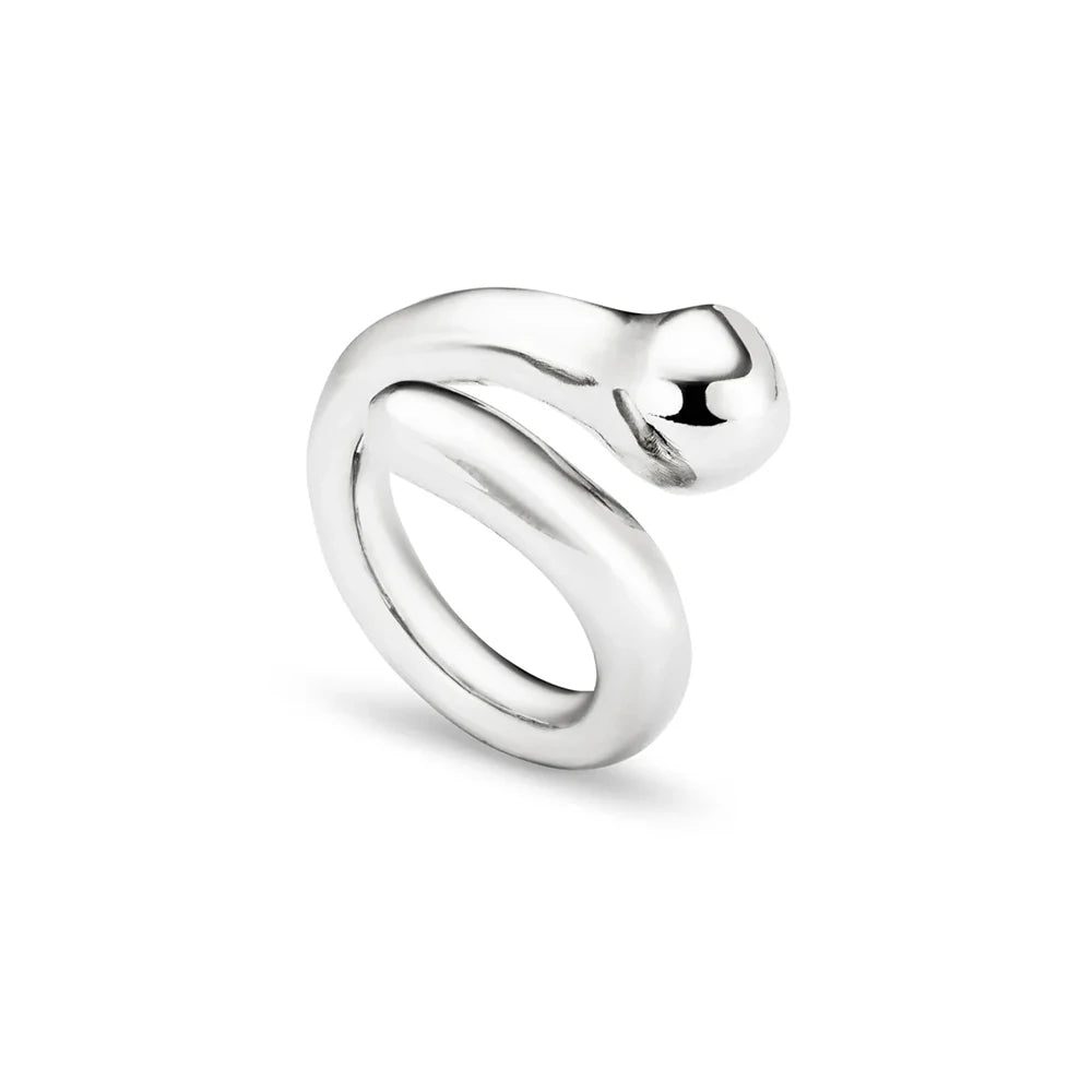Silver snake-shaped ring on a white background