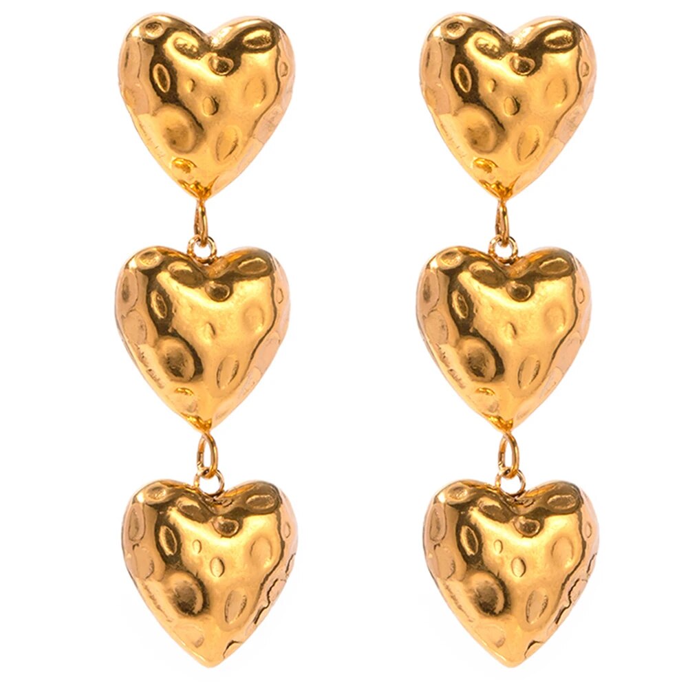 Three Heart Gold Pendant Earrings