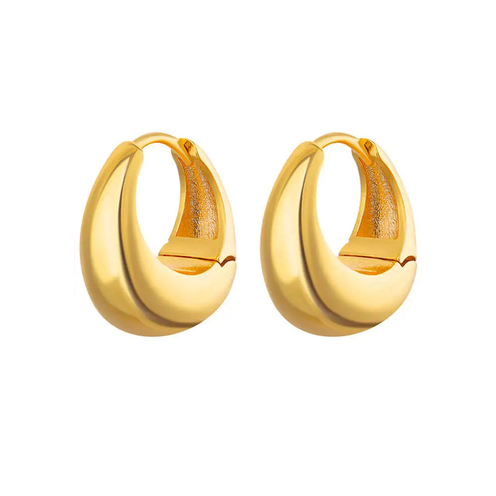 Gold hoop earrings with dimensions on a white background