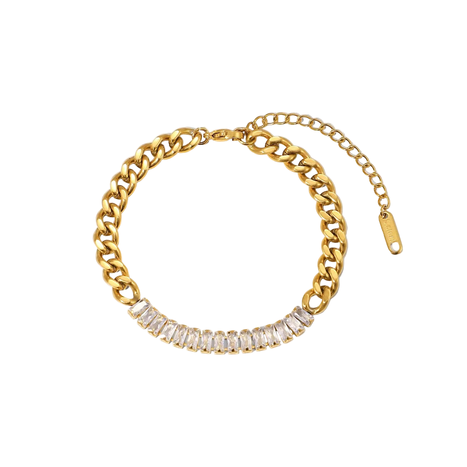 Gold bracelet with clear gemstones on a white background