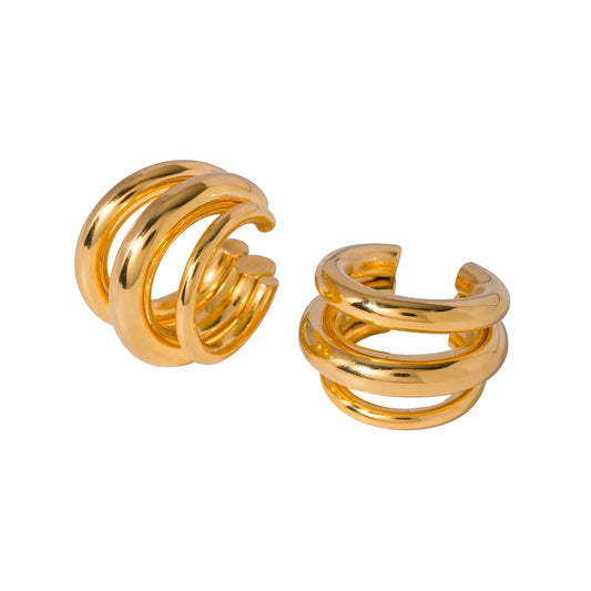 Gold hoop earrings with measurements and weight on a white background