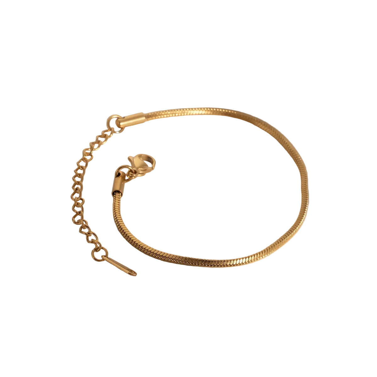 A gold-plated stainless steel snake chain bracelet displayed against a light background.