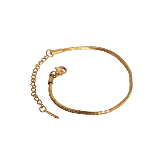 A gold-plated stainless steel snake chain bracelet displayed against a light background.