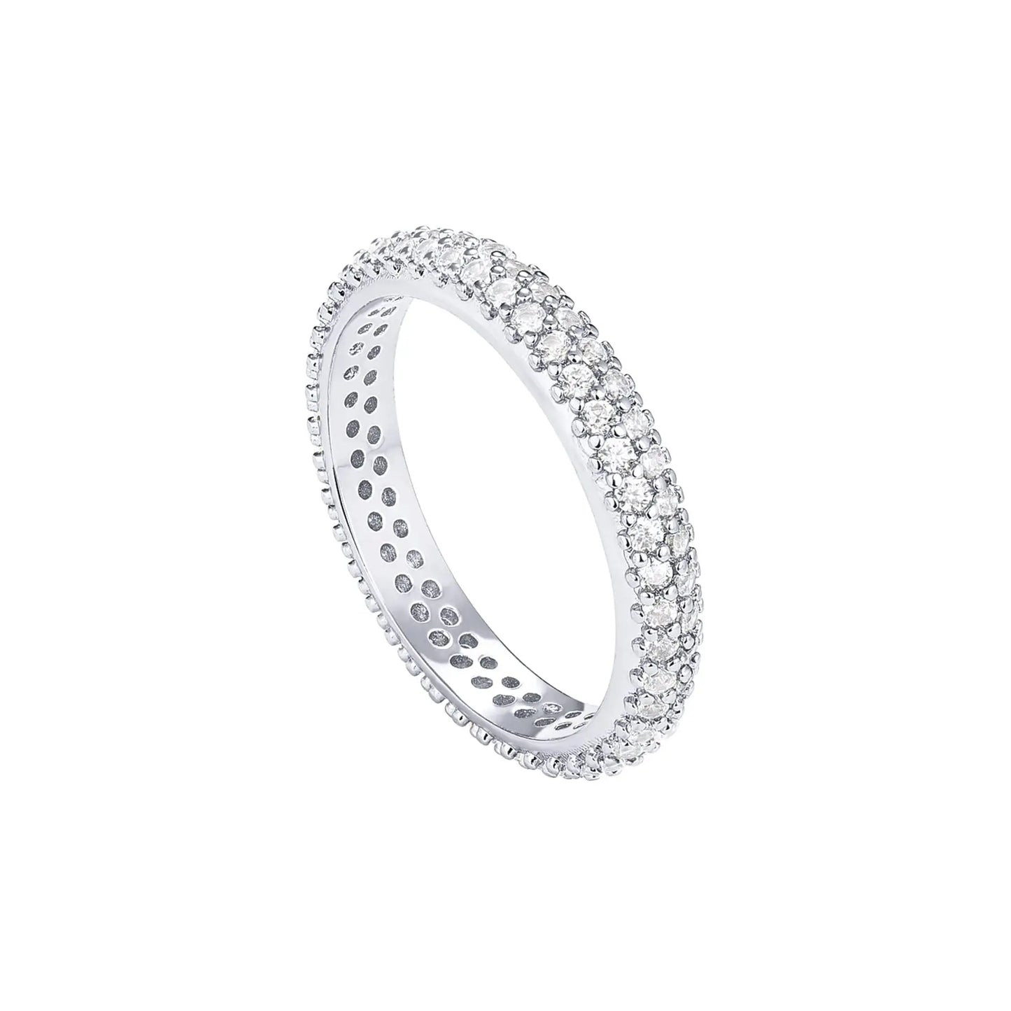 Silver ring with small diamonds on a white background