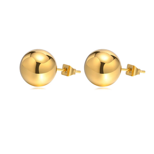 Gold spherical earrings with measurements and material details on a white background