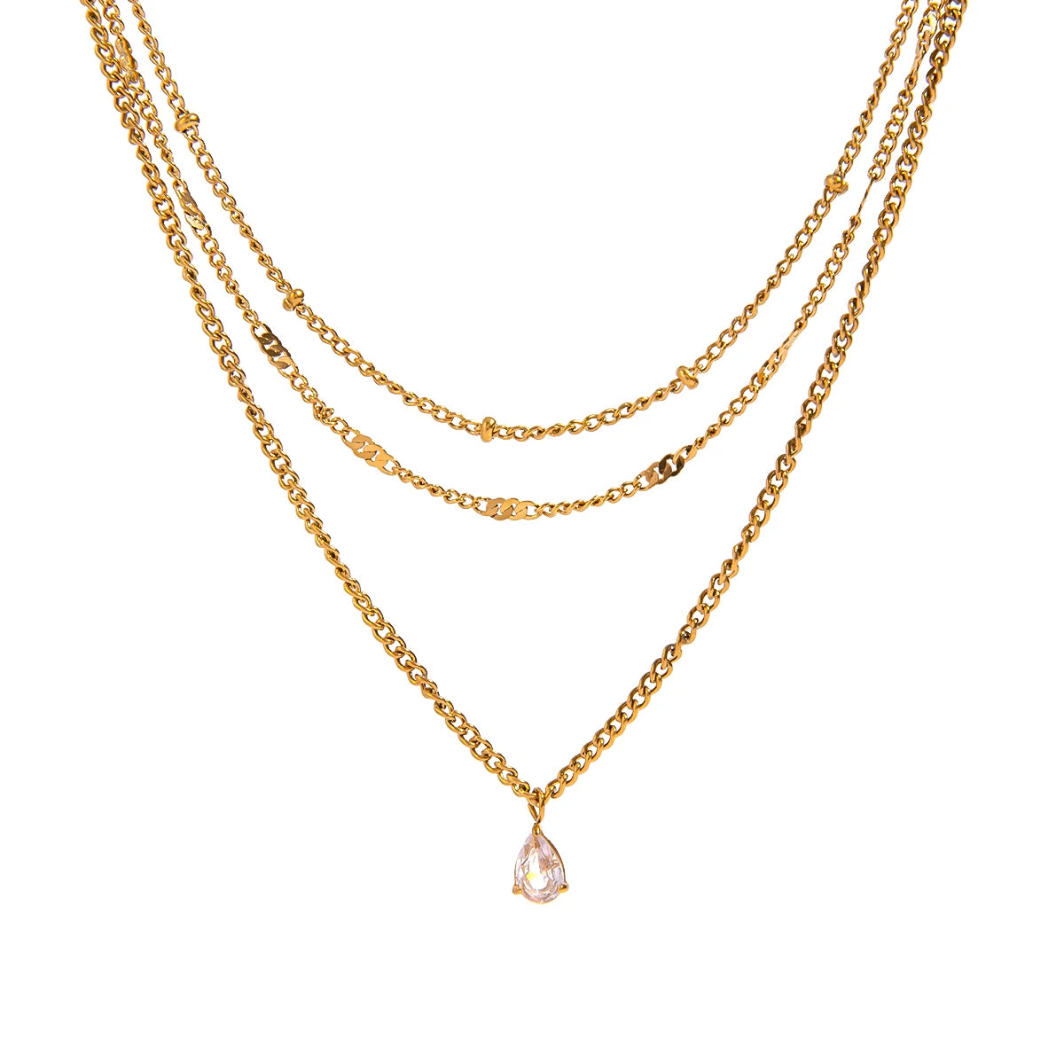 Three gold necklaces with a teardrop pendant on a white background