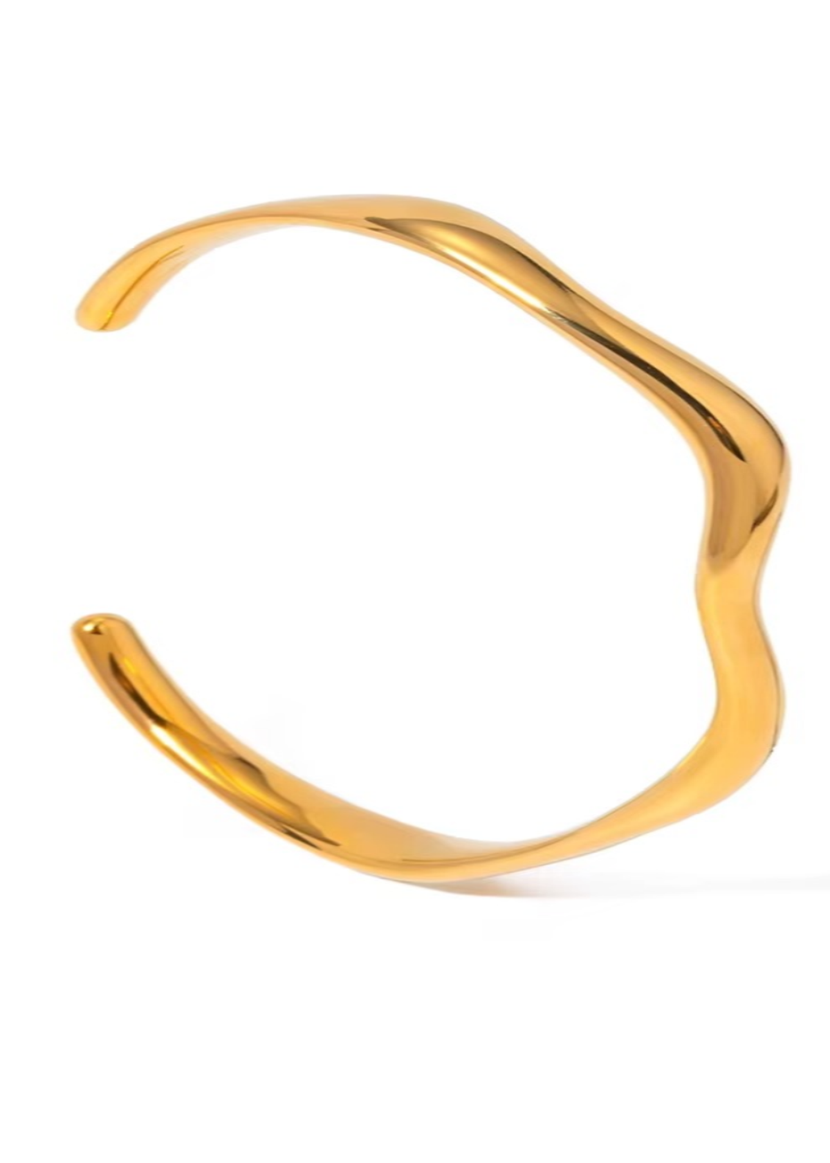 Gold open cuff bracelet on a white background
