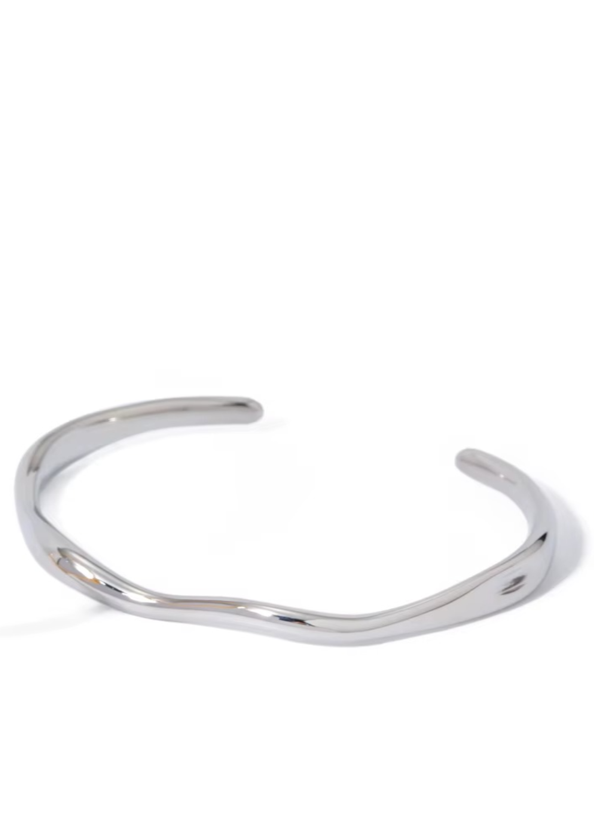 Silver open cuff bracelet on a white background