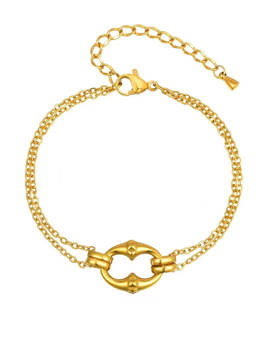 Gold bracelet with adjustable chain, length, weight, and material information on a white background.