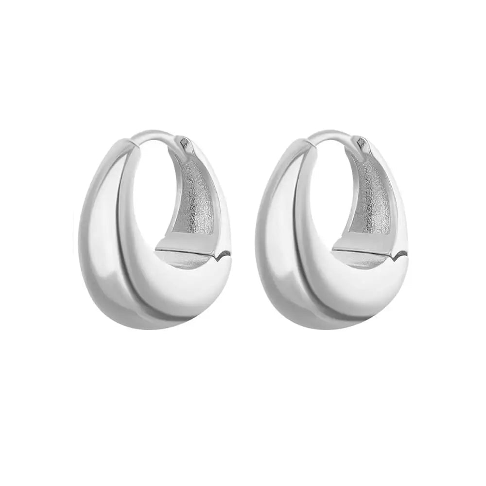 Silver hoop earrings with dimensions on a white background