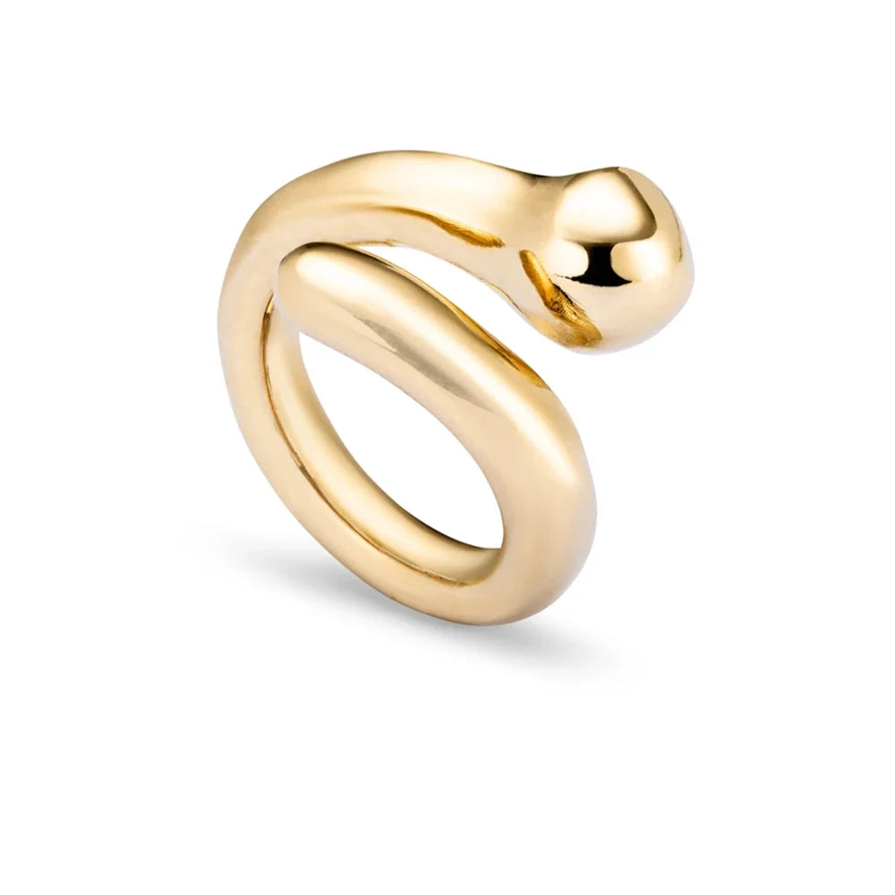 Gold snake-shaped ring on a white background