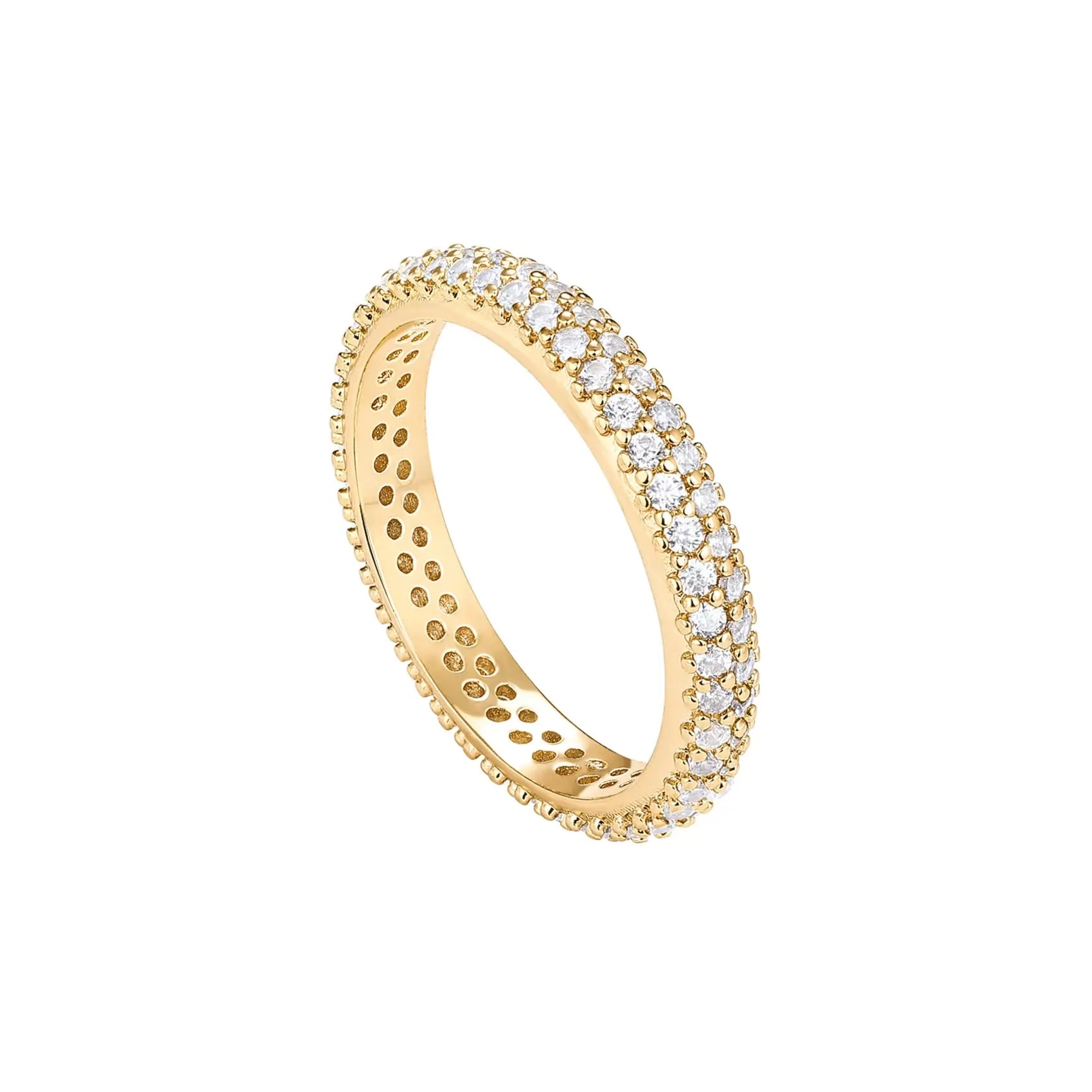 Gold ring with diamond accents on a white background