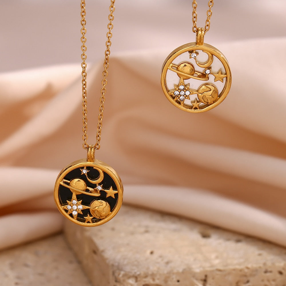 Moon Earth Stars shell coin necklace